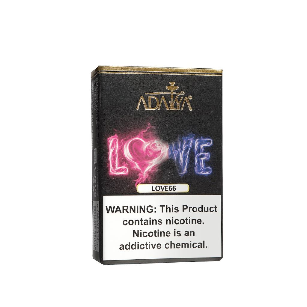 Adalya Love66 flavored tobacco with nicotine warning on black packaging by LE TABAC