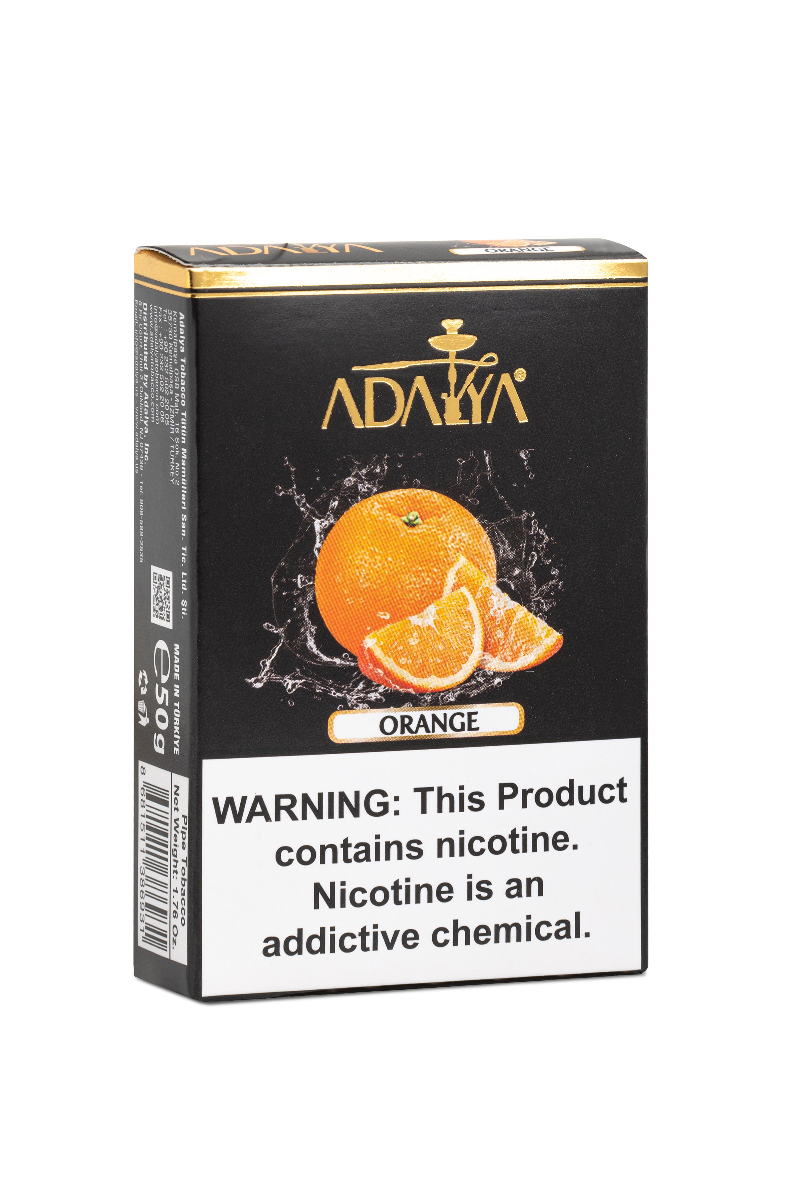 Adalya orange flavored hookah tobacco pack with nicotine warning label by LE TABAC