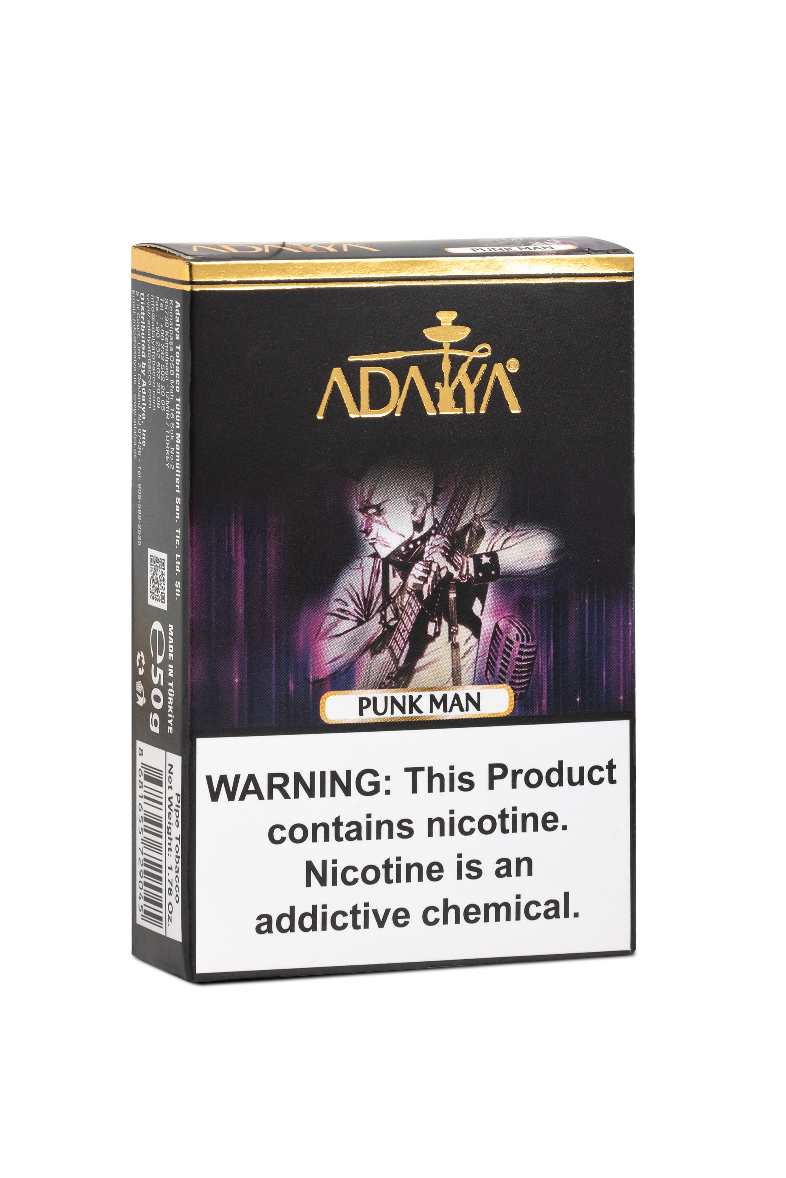 Adalya Punk Man hookah tobacco with nicotine warning label on black packaging