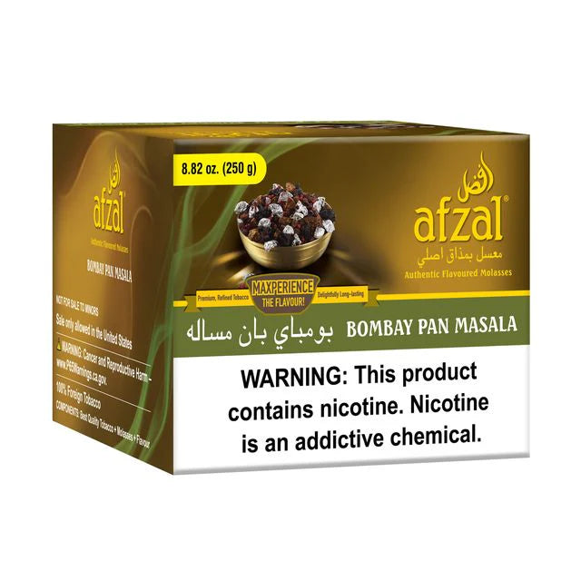 Afzal Bombay Pan Masala 8.82 oz flavored tobacco molasses with nicotine warning label