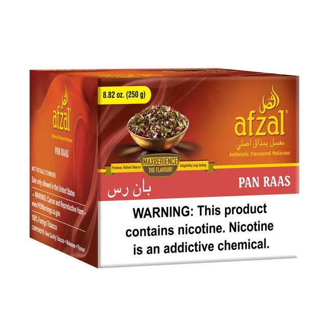 Afzal Pan Raas authentic flavored molasses tobacco 8.82 oz with nicotine warning label