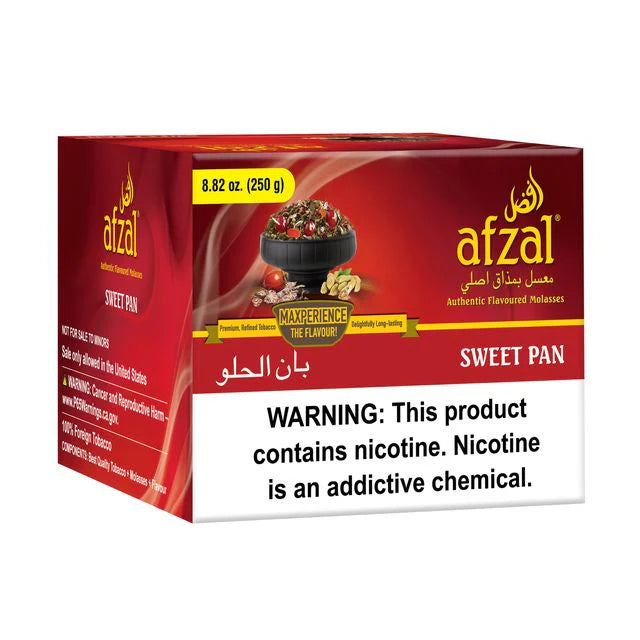 Afzal Sweet Pan authentic flavored molasses tobacco pack 8.82 oz with nicotine warning