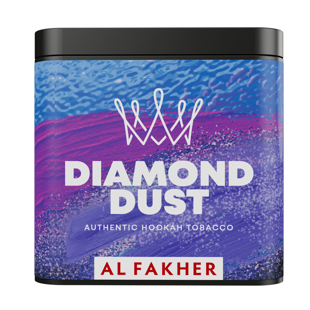 Al Fakher Diamond Dust authentic hookah tobacco container with blue and purple design
