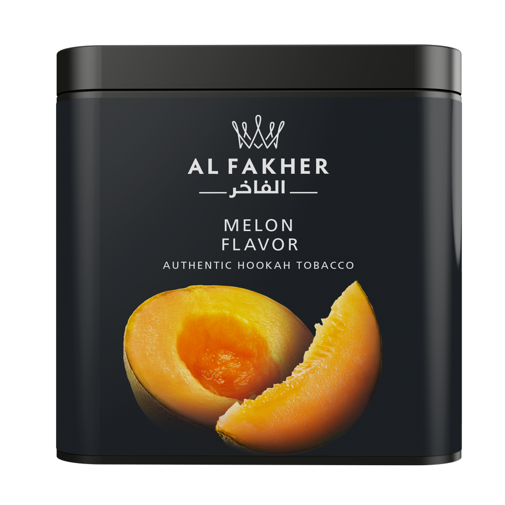 Al Fakher melon flavor authentic hookah tobacco black container with melon fruit image