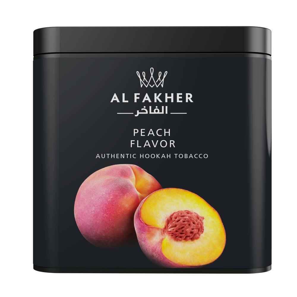 Al Fakher peach flavor authentic hookah tobacco tin with peach fruit image on black packaging