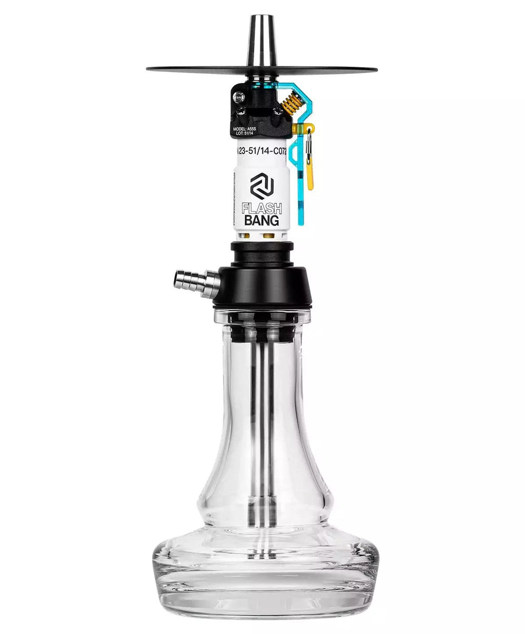 LE TABAC Flash Bang clear glass hookah with black metal top and modern design