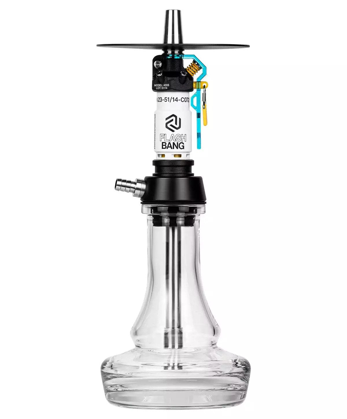 LE TABAC Flash Bang clear glass hookah with black metal top and modern design