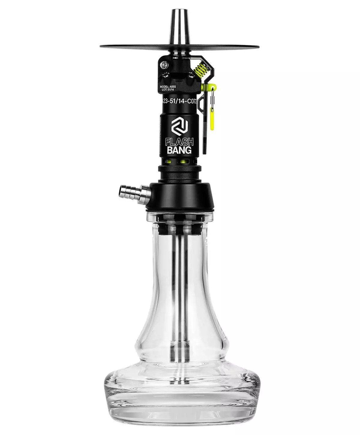 LE TABAC Flash Bang hookah with clear glass base and sleek black metal stem
