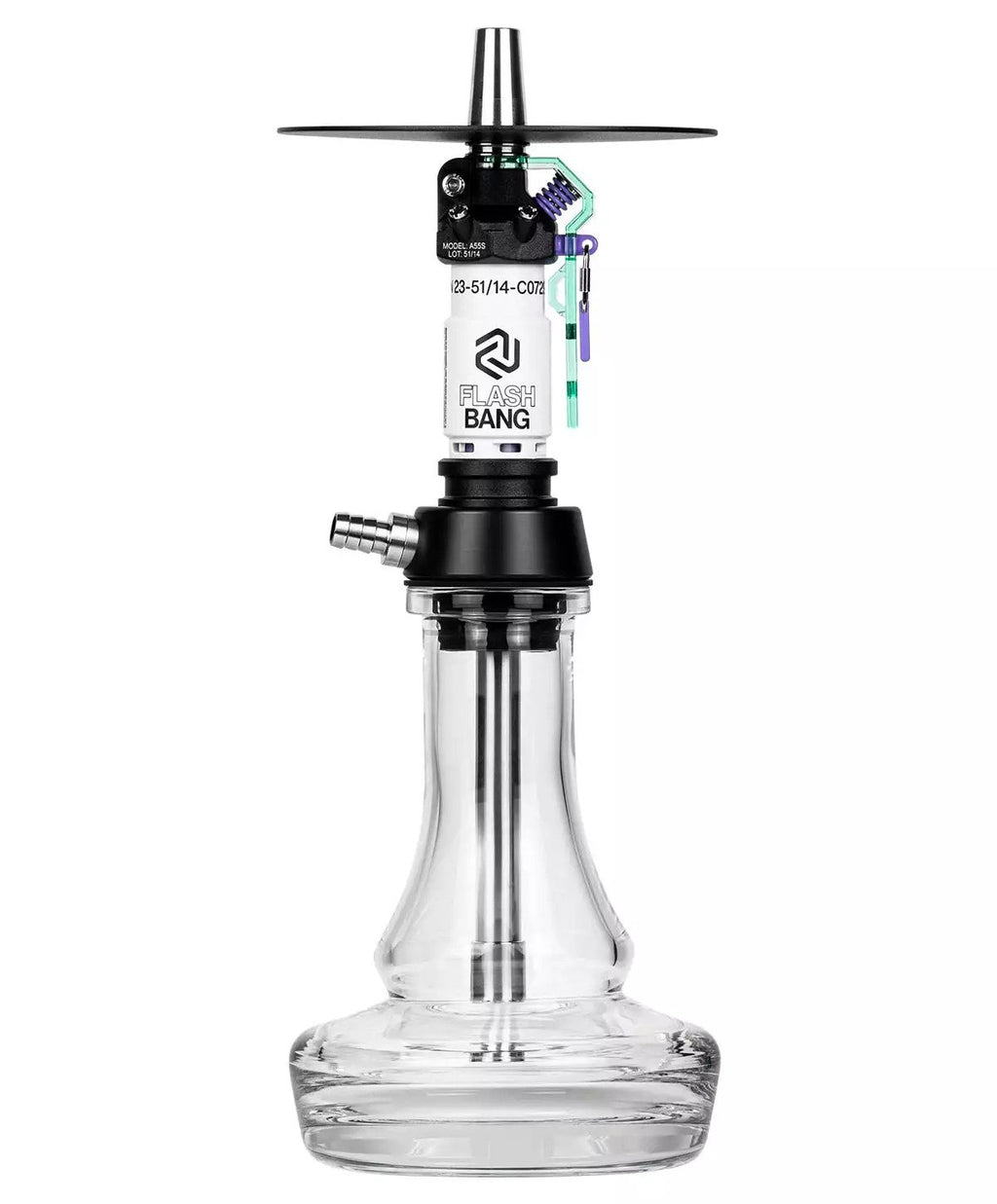LE TABAC Flash Bang modern glass hookah with black metal stem and clear base