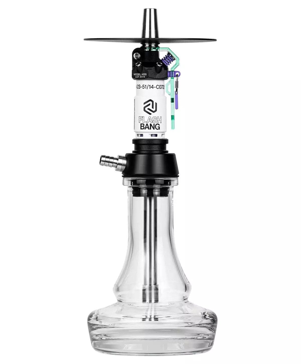 LE TABAC Flash Bang modern glass hookah with black metal stem and clear base
