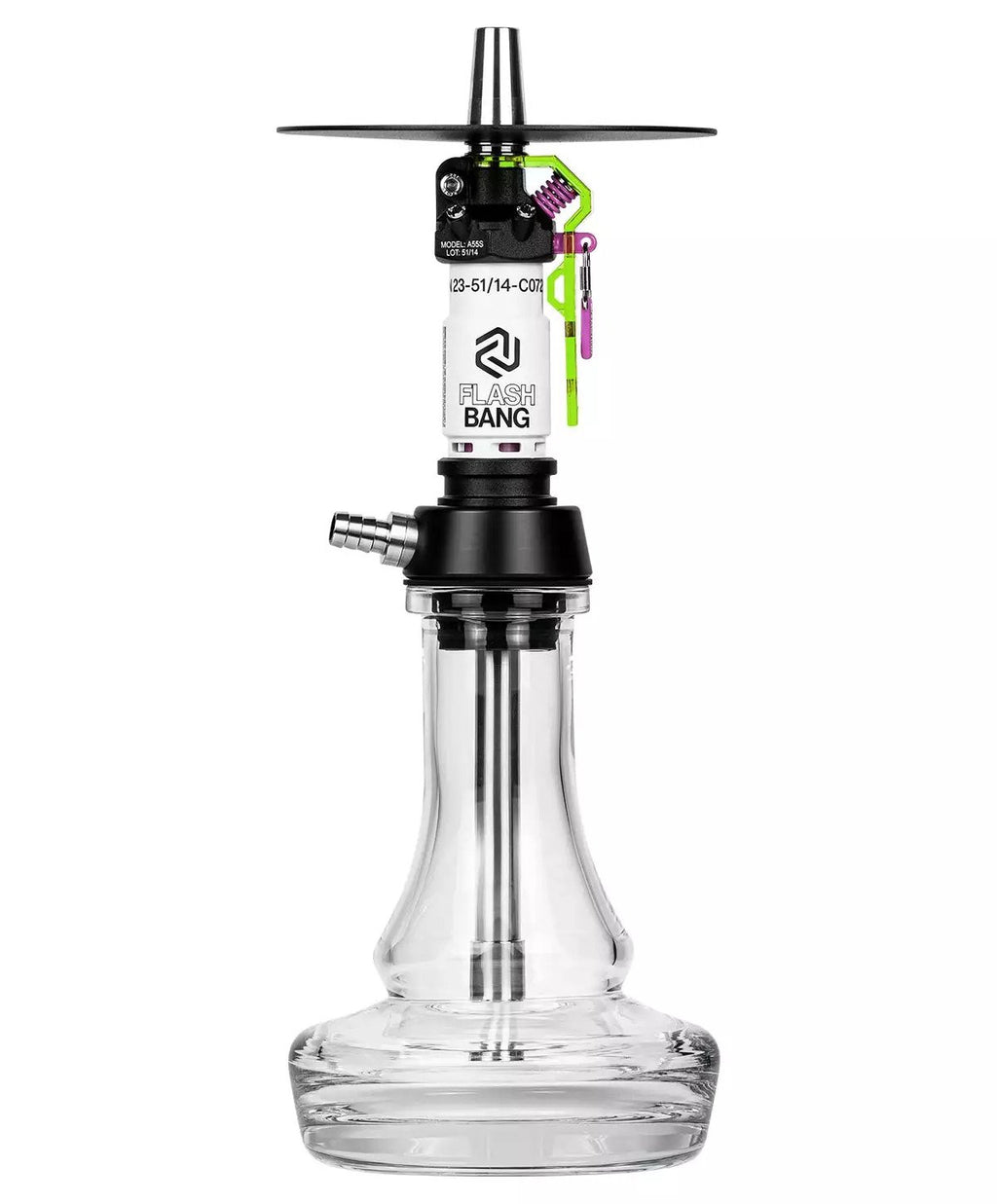 LE TABAC Flash Bang hookah with clear glass base and black top with colorful accents