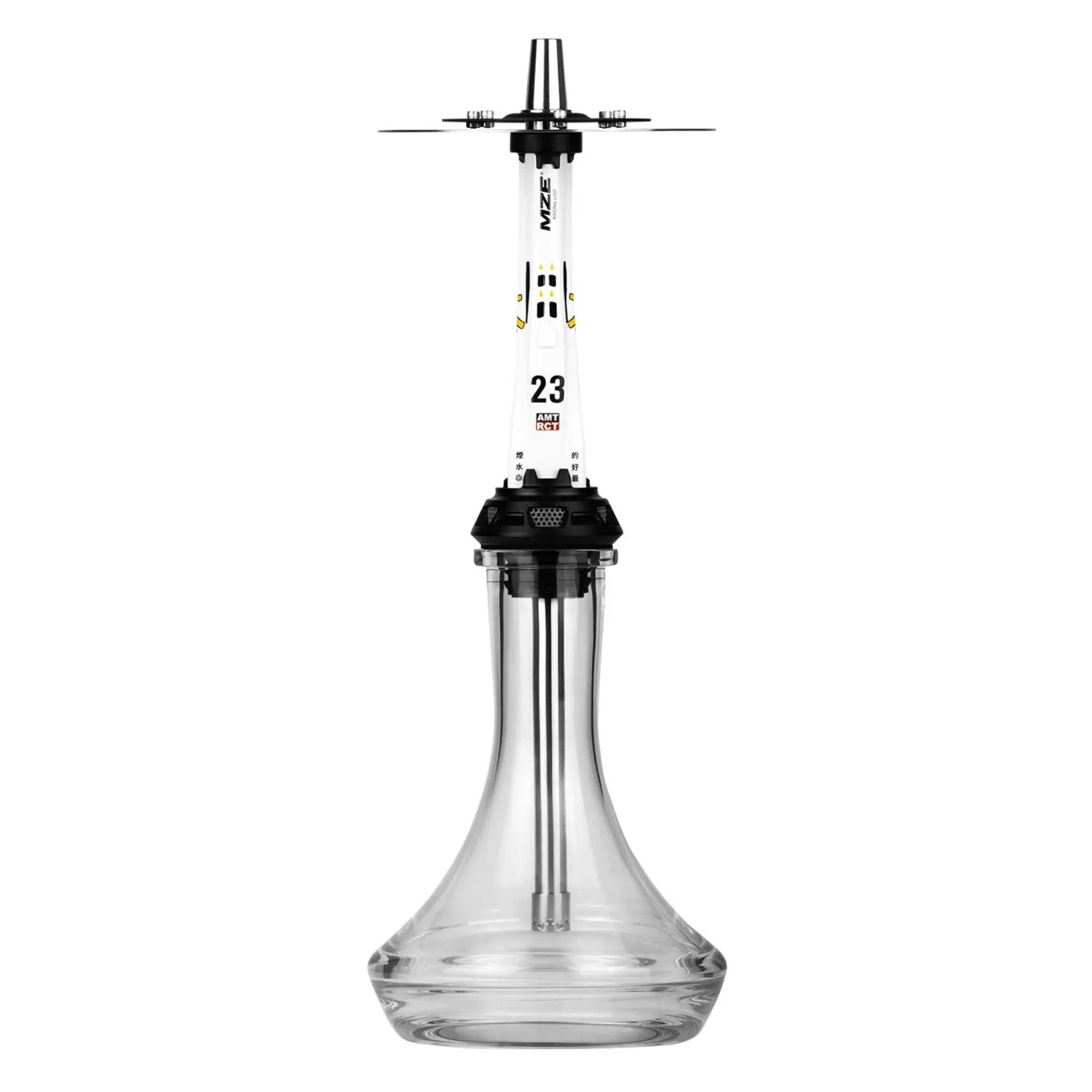 LE TABAC modern glass hookah base with tall white and black central shaft and metal components