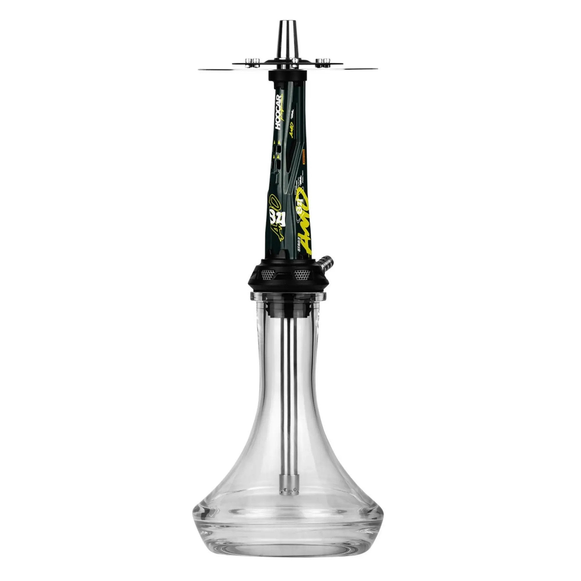 LE TABAC modern hookah with clear glass base and black stem featuring yellow and white accents