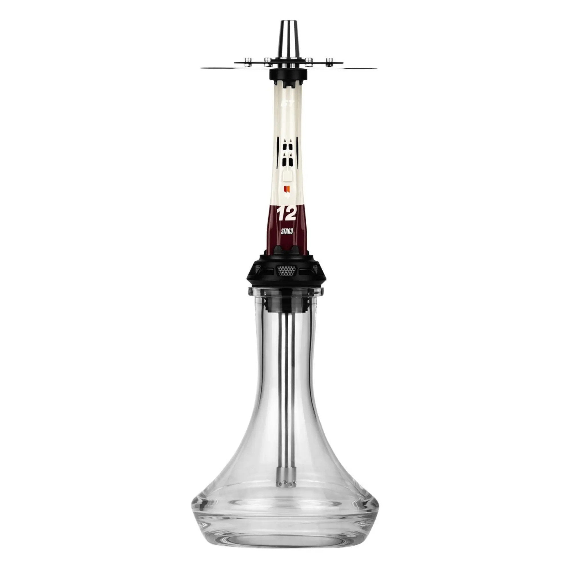 LE TABAC clear glass hookah base with tall black and white stem and metal tray