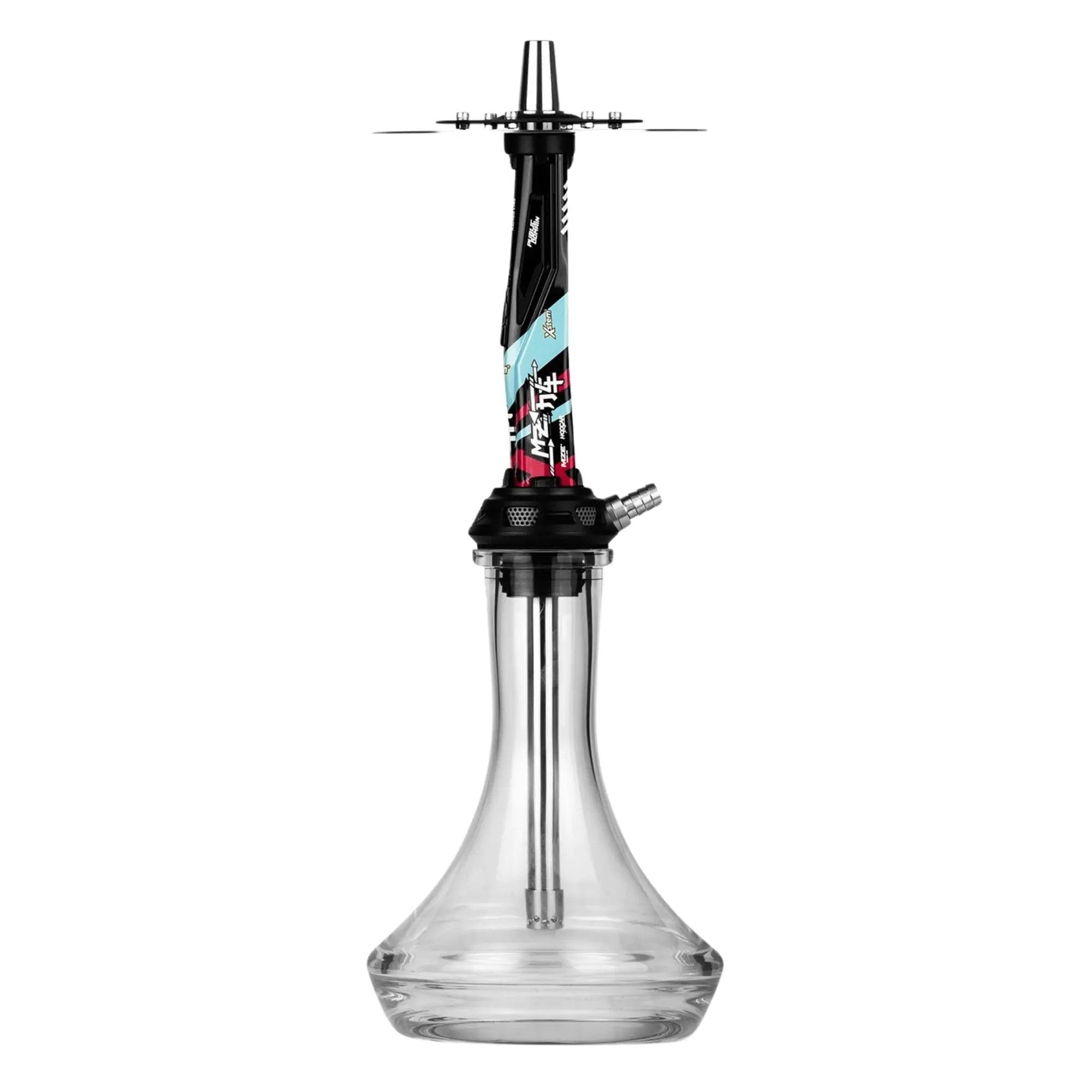 LE TABAC modern hookah with clear glass base and black metal stem with colorful design