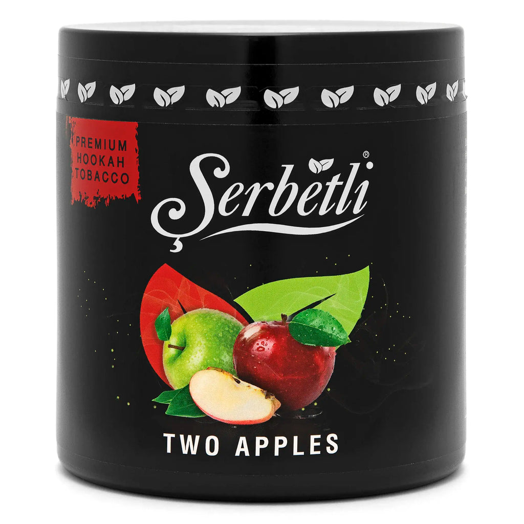 Serbetli Two Apples premium hookah tobacco in black container with red and green apple graphics