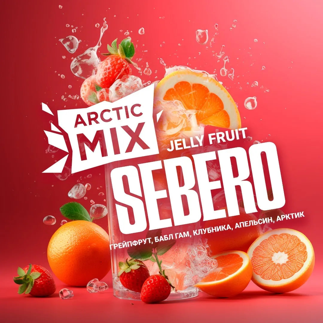 Arctic Mix Sebero jelly fruit flavor featuring strawberries and oranges with ice and water splash on red background