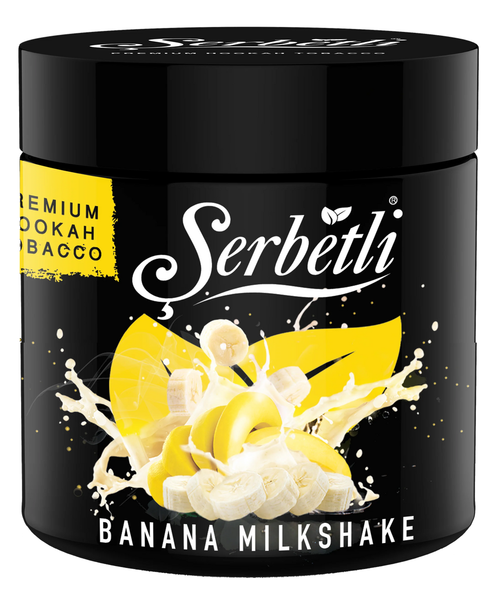 Serbetli Banana Milkshake premium hookah tobacco in black container with banana and milk splash design