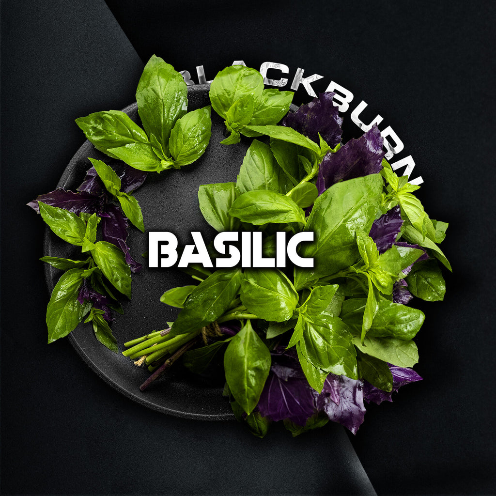 Fresh green and purple basil leaves arranged in a circular pattern on a black plate by LE TABAC