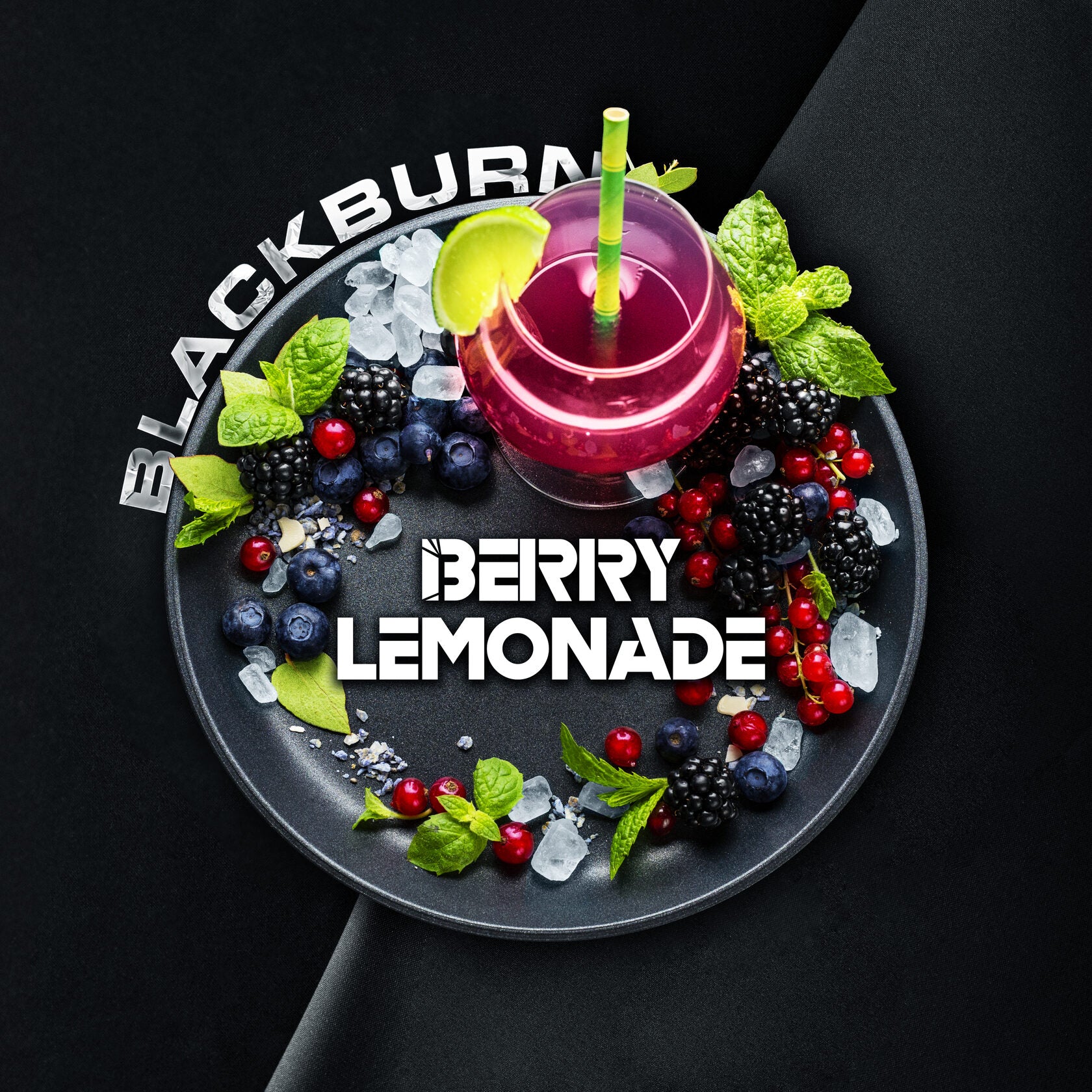 Blackburn Berry Lemonade cocktail with mixed berries, mint leaves, lime wedge, and ice cubes on a black plate