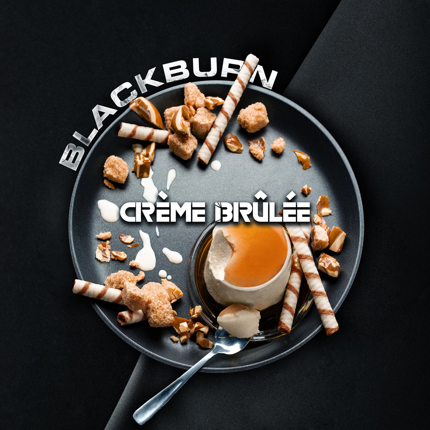 Blackburn Crème Brûlée dessert with caramelized sugar, wafer sticks, and crunchy toppings on a dark plate