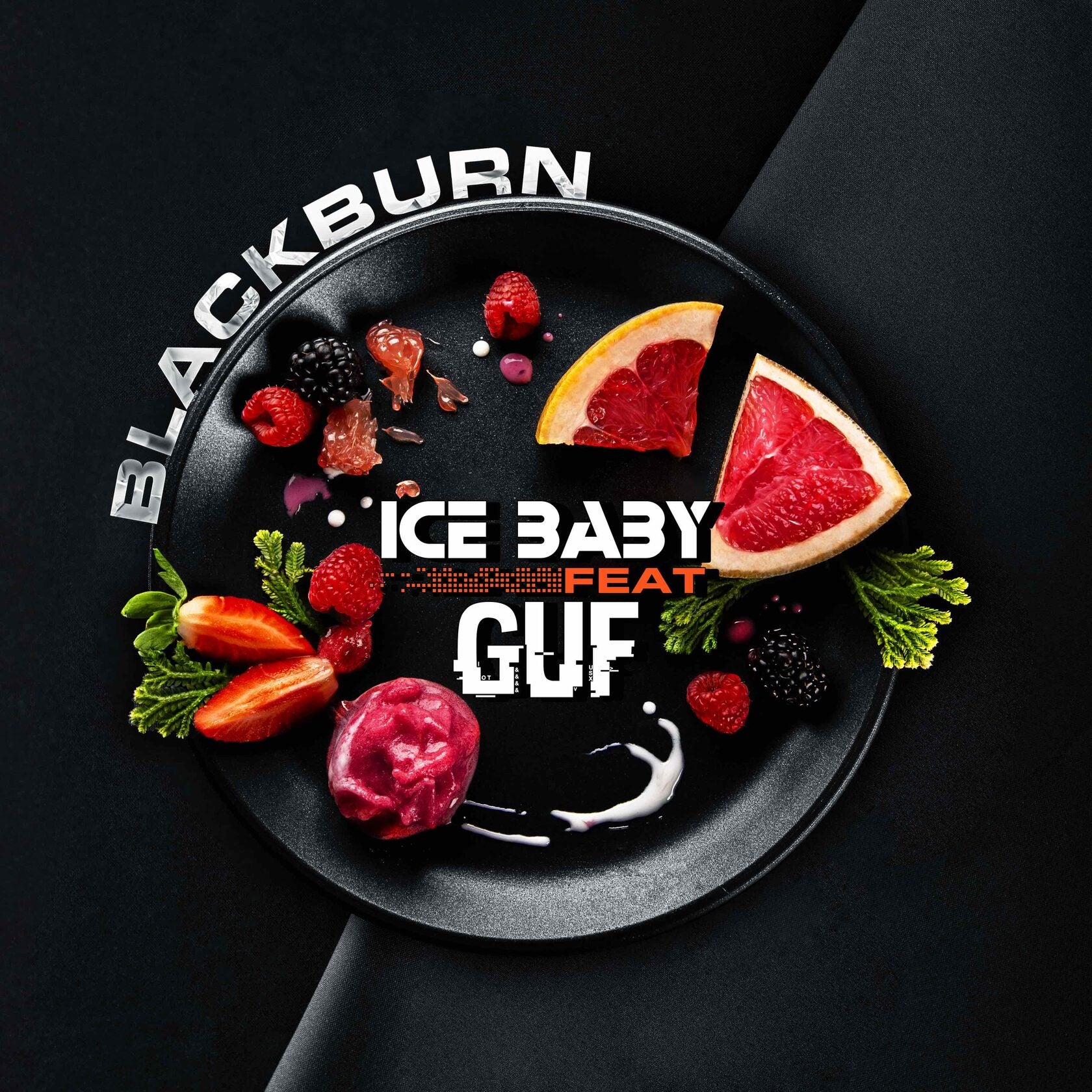 Blackburn album cover with sliced grapefruit, strawberries, raspberries, and decorative cream on black plate