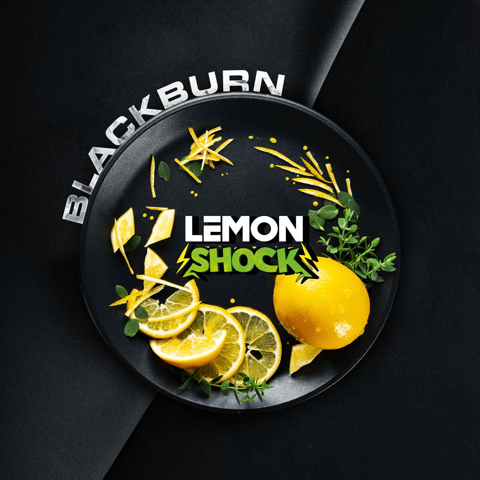 LE TABAC Lemon Shock flavored product with fresh lemon slices and herbs on a black plate