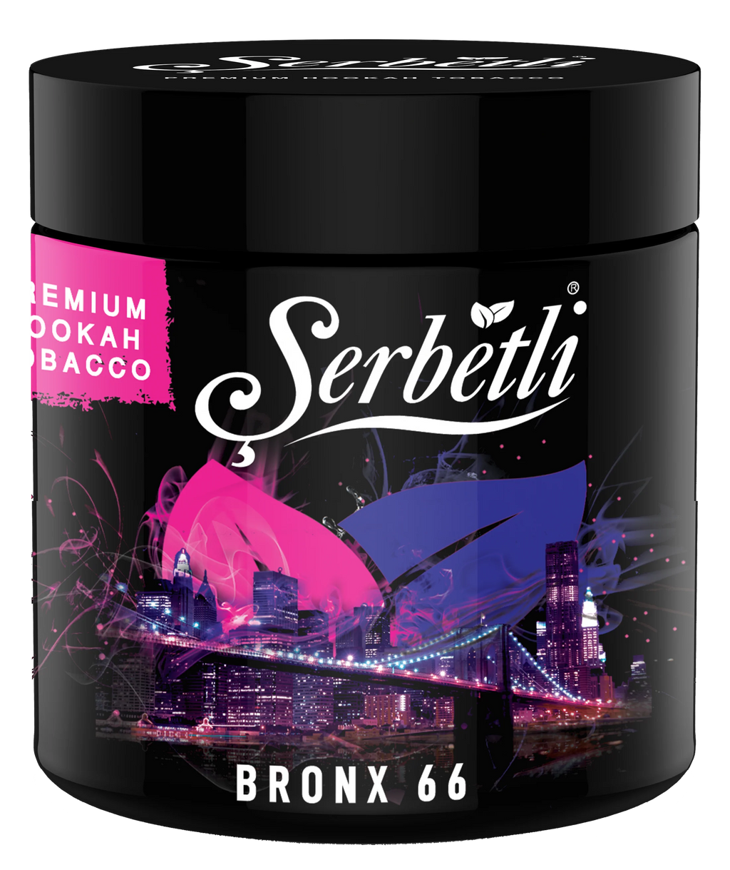 Serbetli Bronx 66 premium hookah tobacco container with city skyline and vibrant smoke design