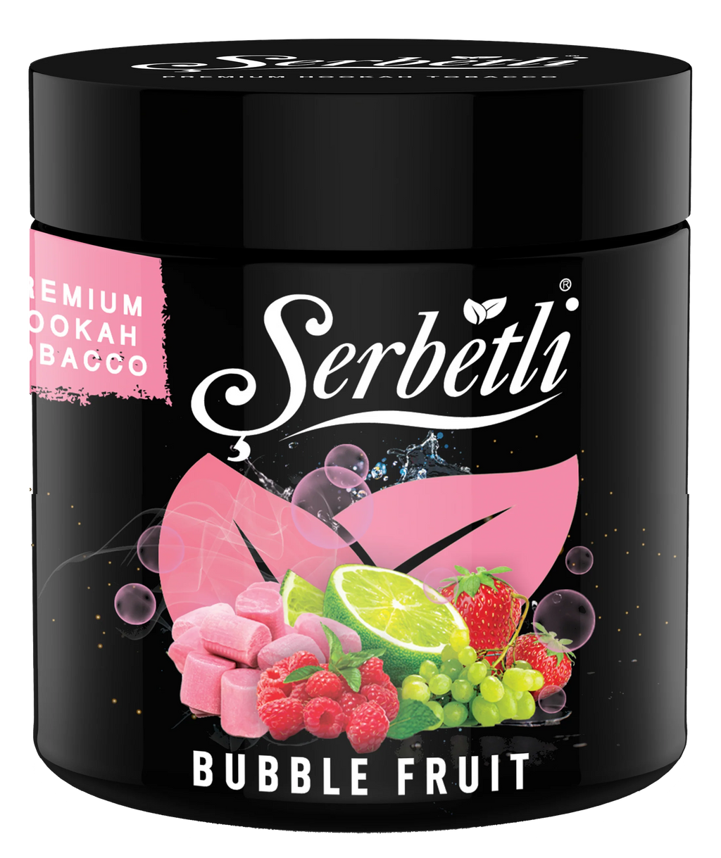 Serbetli Bubble Fruit premium hookah tobacco with strawberry, lime, raspberry, and green grape flavors