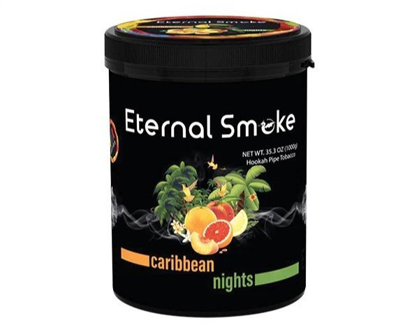 Eternal Smoke Caribbean Nights hookah pipe tobacco with tropical fruit and palm tree design on black container