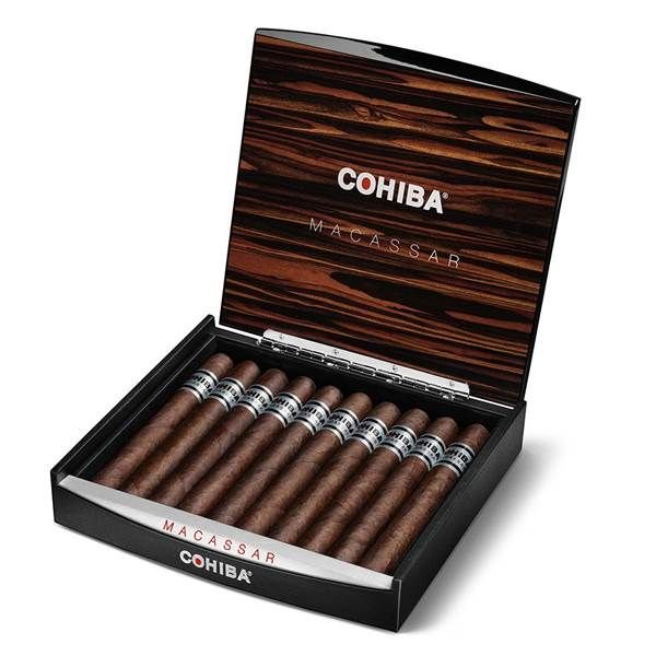 Cohiba Macassar cigars in an open wooden box with a dark polished finish