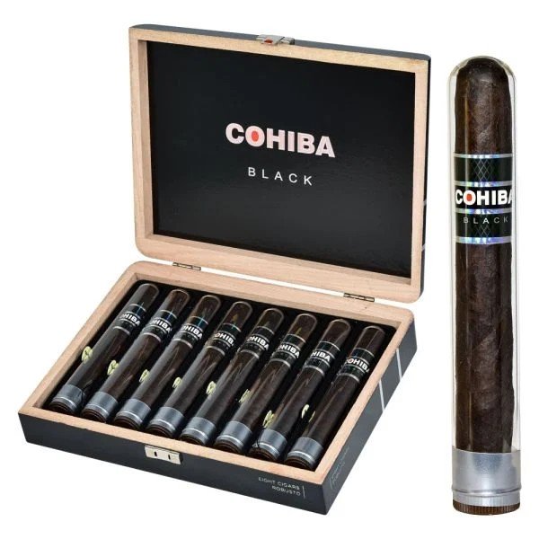 Open wooden box of Cohiba Black cigars with dark wrappers and one cigar displayed separately