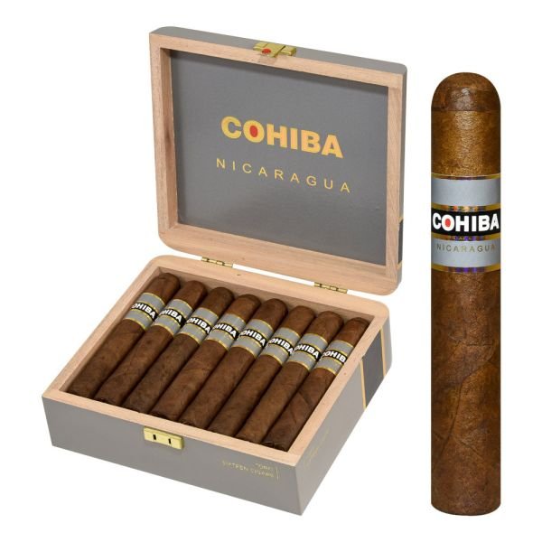 Box of Cohiba Nicaragua cigars with seven cigars displayed and one cigar shown separately