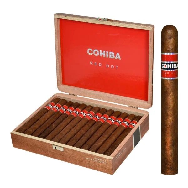Open wooden box of Cohiba Red Dot cigars with one cigar displayed beside the box