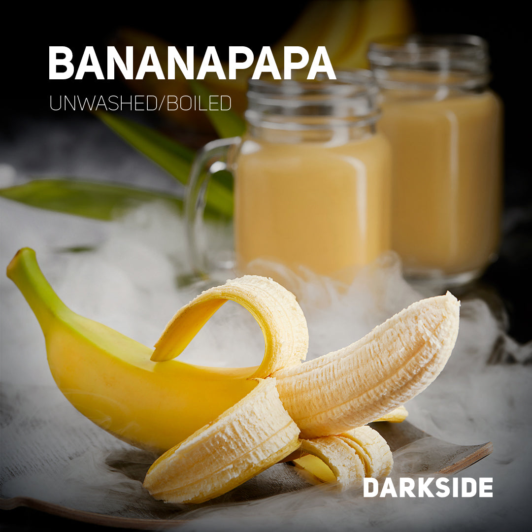 Banana with peeled section and two jars of banana drink labeled Bananapapa unwashed boiled by Darkside