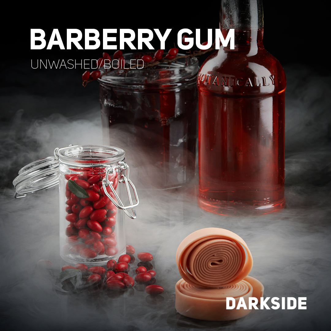 Darkside Barberry Gum tobacco with unwashed boiled barberry berries and glass jars in smoky background