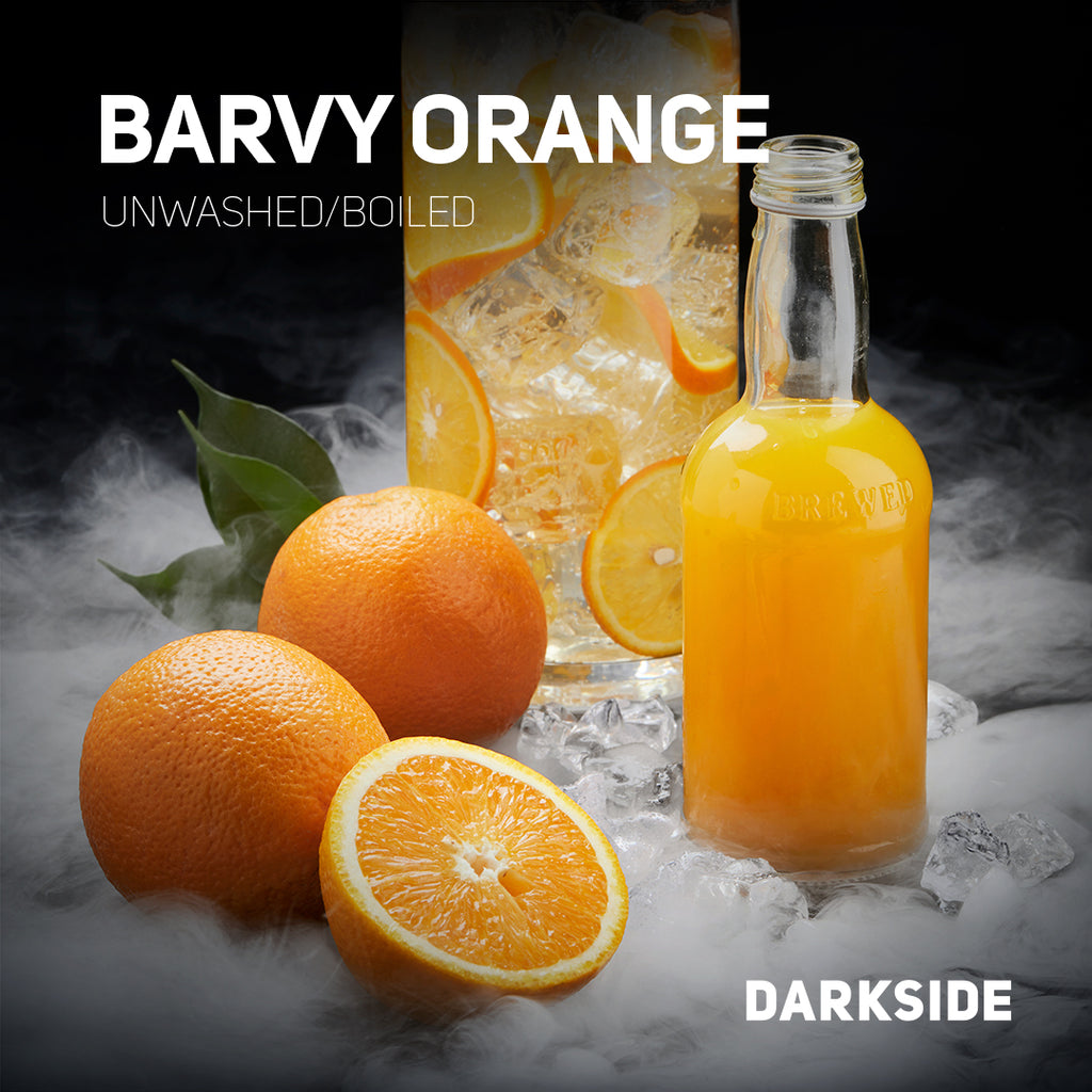 LE TABAC Darkside Barvy Orange flavor with fresh oranges and a bottle of orange liquid on ice