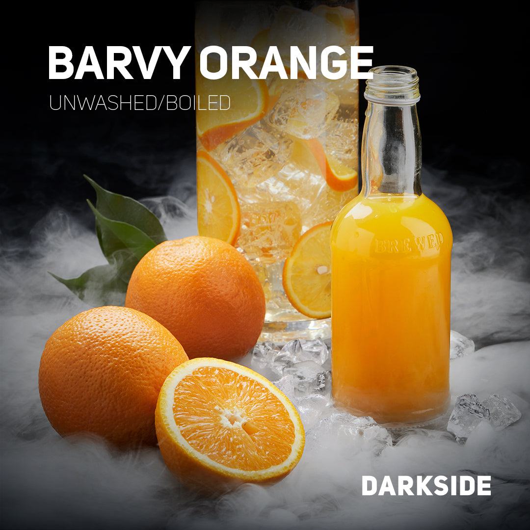 LE TABAC Darkside Barvy Orange flavor with fresh oranges and a bottle of orange liquid on ice