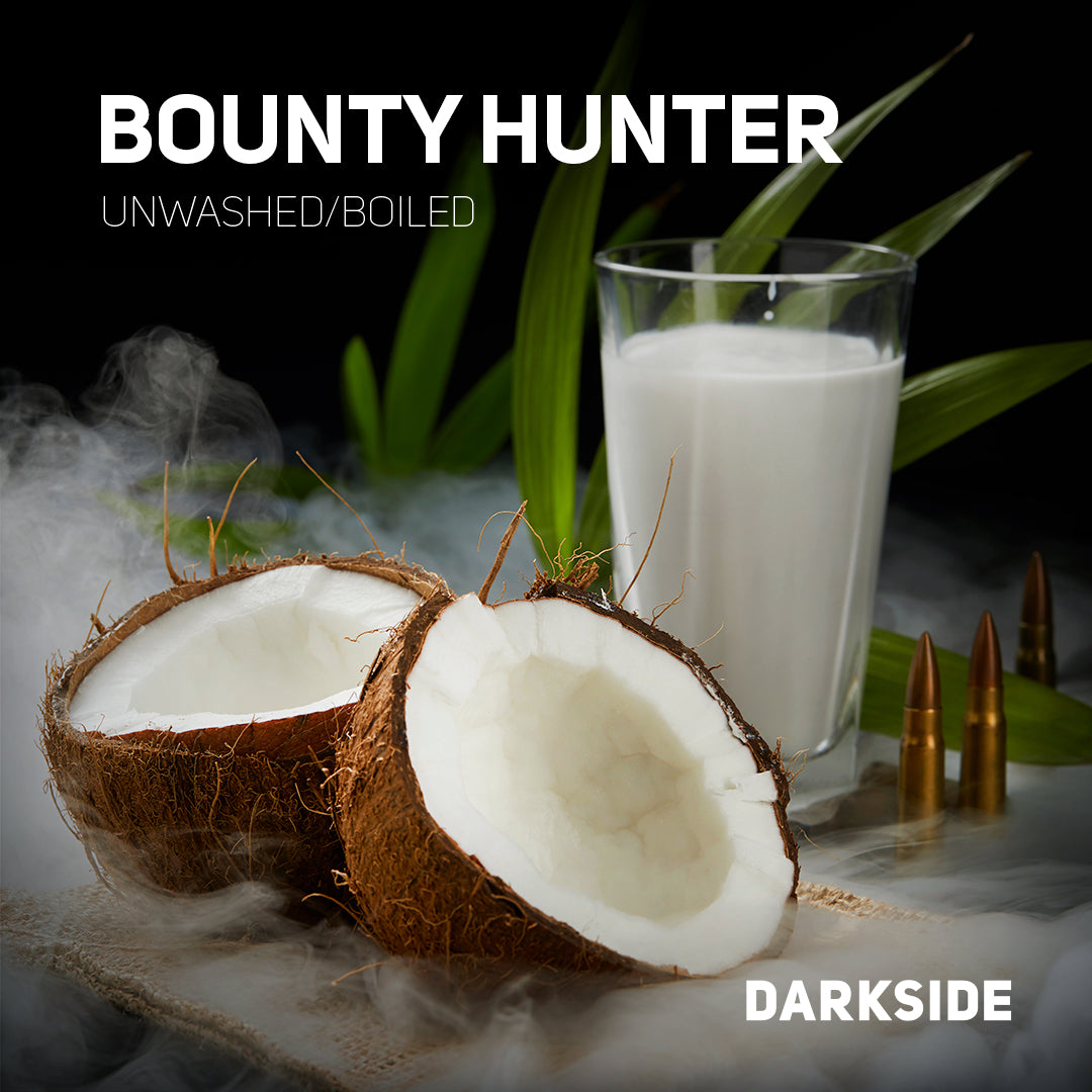 Bounty Hunter Darkside unwashed boiled tobacco flavor featuring fresh coconut and a glass of coconut milk