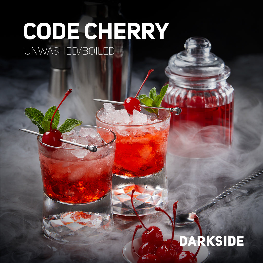 Code Cherry flavored unwashed boiled tobacco by Darkside showing two cherry cocktails with mint and a jar of cherry syrup