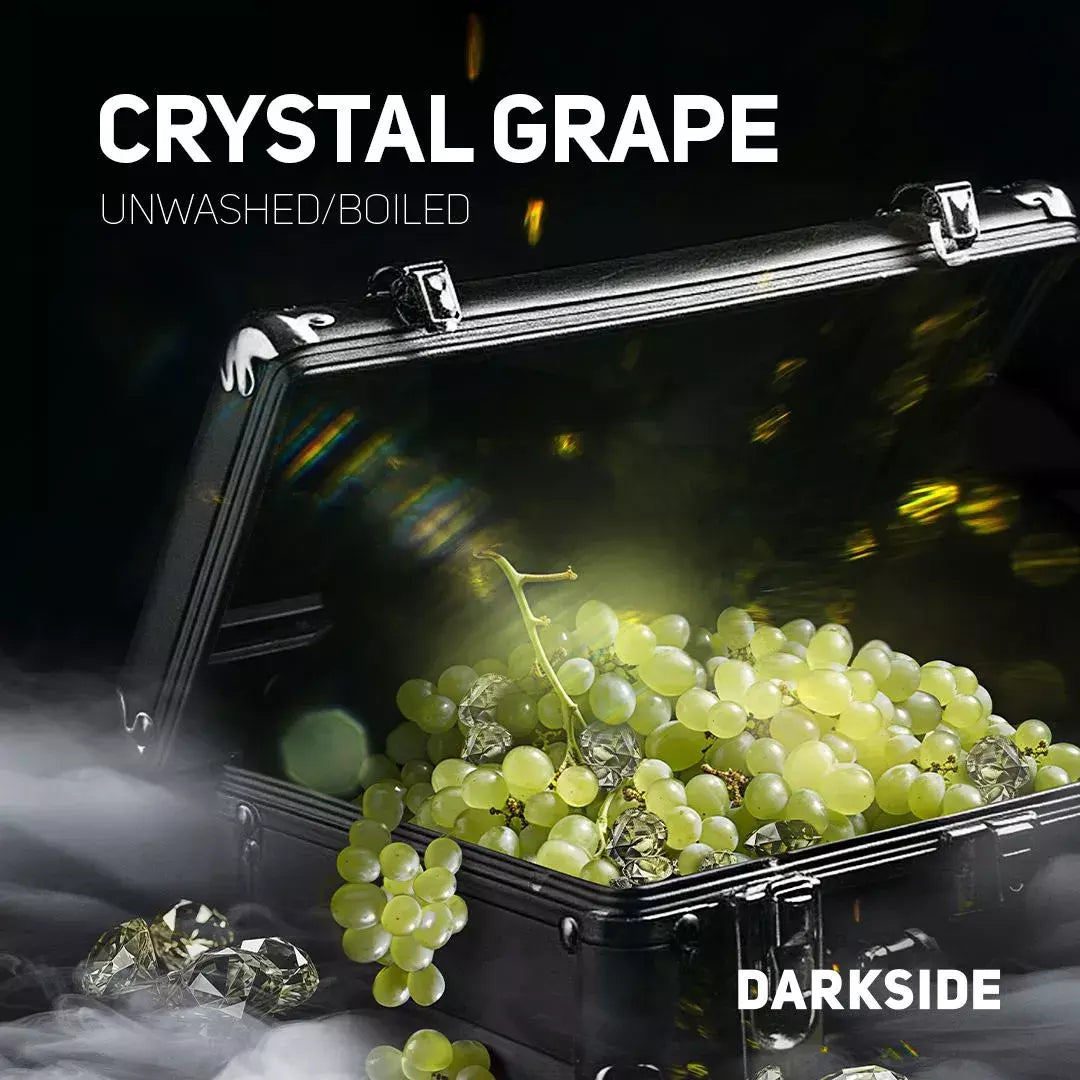 Crystal Grape unwashed boiled darkside grapes in an open black metal briefcase with smoke effect