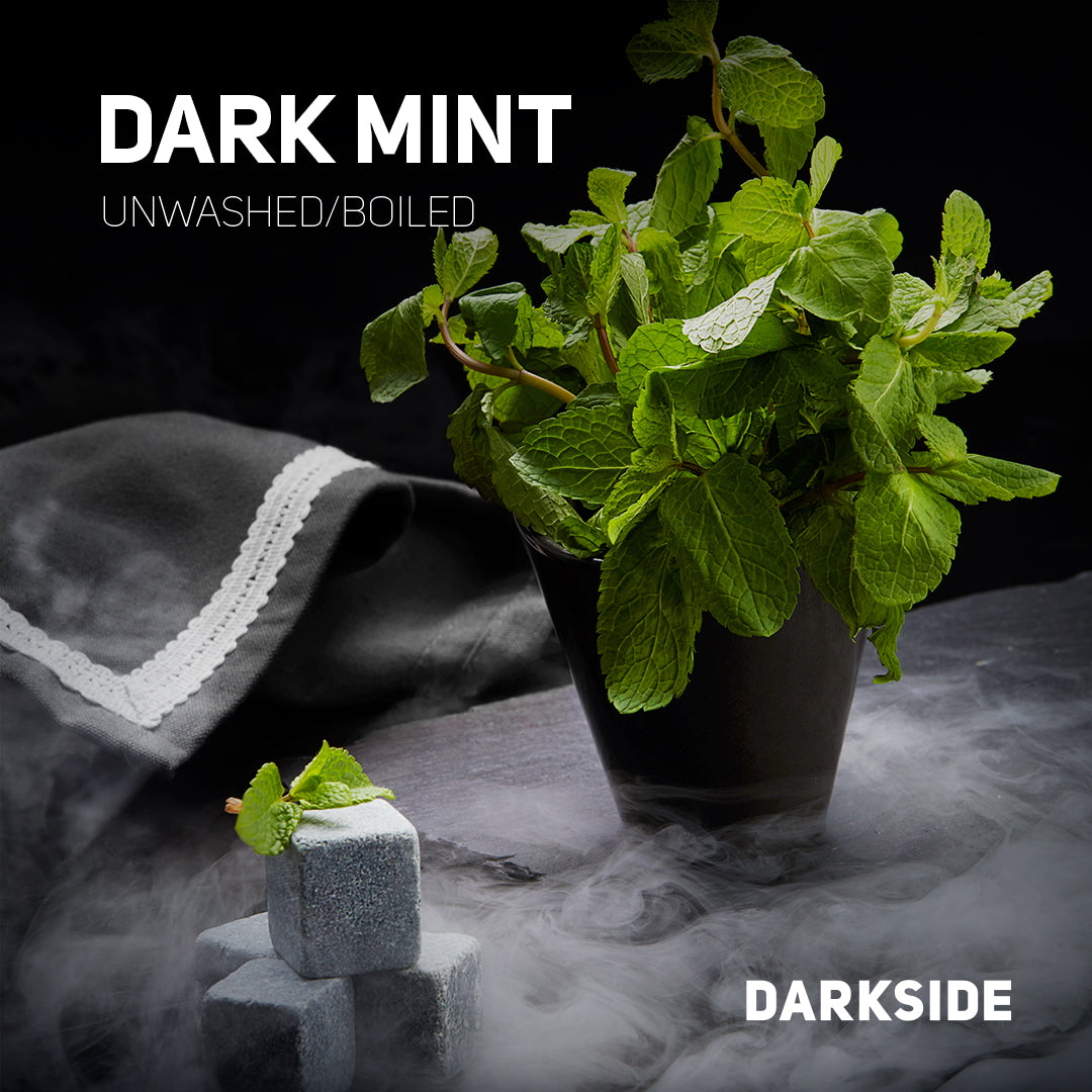 Dark mint leaves in a black pot with unwashed boiled cubes on a smoky surface by LE TABAC