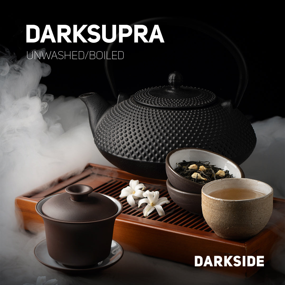 Dark Supra unwashed boiled tea set with cast iron teapot, tea cups, and wooden tray by LE TABAC