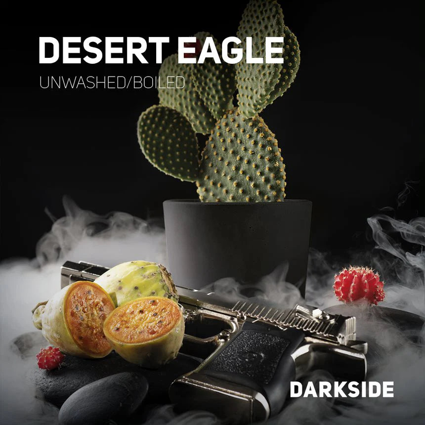 Darkside Desert Eagle unwashed boiled tobacco flavor with cactus and prickly pear fruit on black background