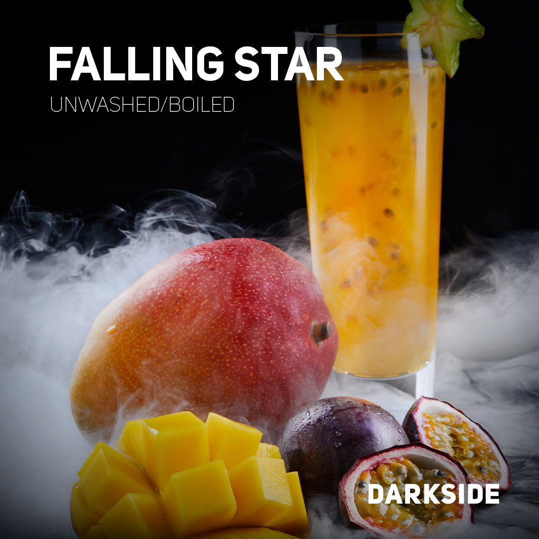 Falling Star unwashed boiled juice from LE TABAC featuring mango and passion fruit with starfruit garnish