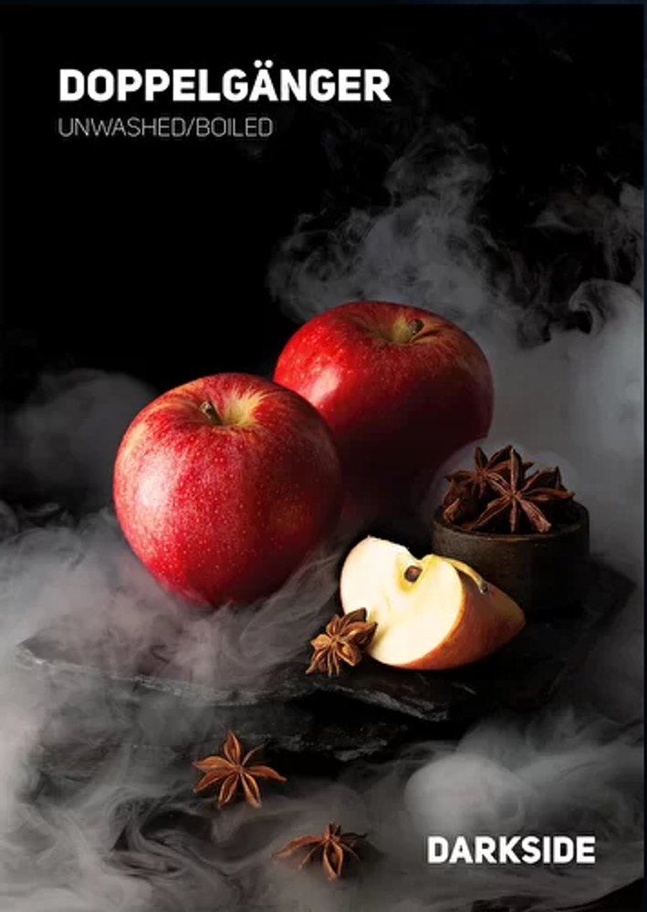 Darkside Doppelgänger tobacco flavor image with red apples and star anise surrounded by smoke