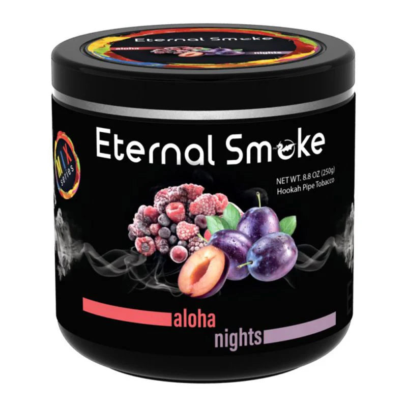 Eternal Smoke hookah tobacco in Aloha Nights flavor with mixed berries and plums on black container