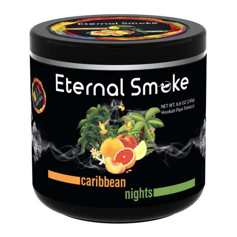 Eternal Smoke Caribbean Nights hookah pipe tobacco 8.8 oz container with tropical fruit design