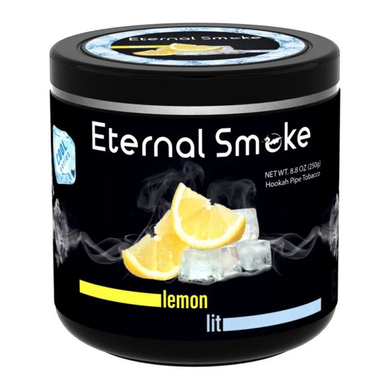 Eternal Smoke lemon flavored hookah pipe tobacco with ice cubes and lemon slices on black container