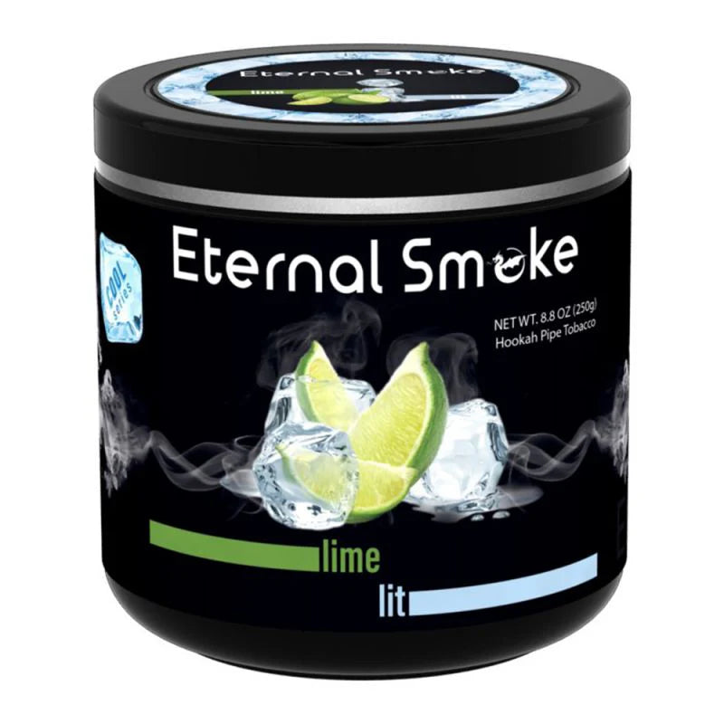 Eternal Smoke lime lit hookah pipe tobacco 8.8 oz container with lime and ice graphics